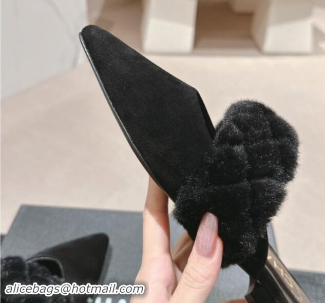 Good Product Chanel Suede & Fur Flat Pointed Mules Black 910017