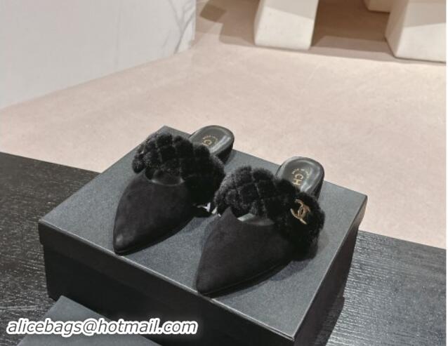 Good Product Chanel Suede & Fur Flat Pointed Mules Black 910017