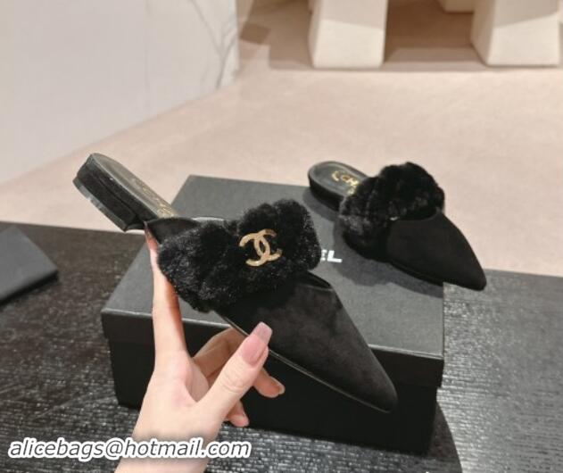 Good Product Chanel Suede & Fur Flat Pointed Mules Black 910017