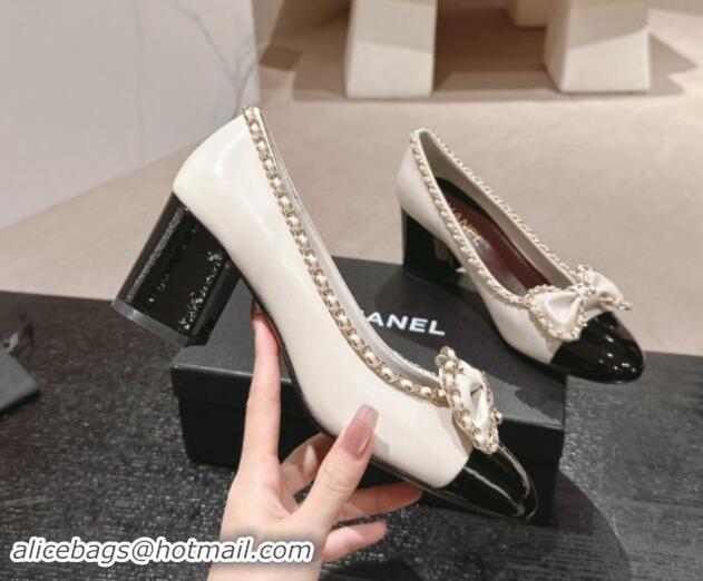 Top Design Chanel Calfskin Pumps with Chain and Bow White 910018