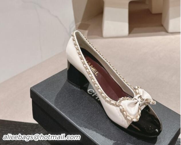 Top Design Chanel Calfskin Pumps with Chain and Bow White 910018