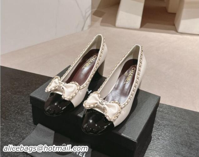 Top Design Chanel Calfskin Pumps with Chain and Bow White 910018