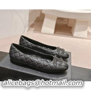 Charming Chanel Quilted Calfskin Ballet Flats with Wheat CC Black 910028