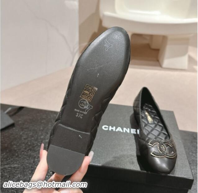 Charming Chanel Quilted Calfskin Ballet Flats with Wheat CC Black 910028