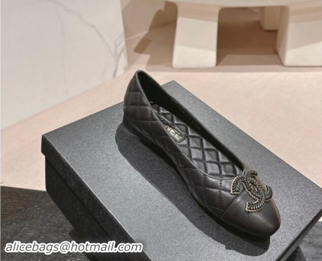 Charming Chanel Quilted Calfskin Ballet Flats with Wheat CC Black 910028