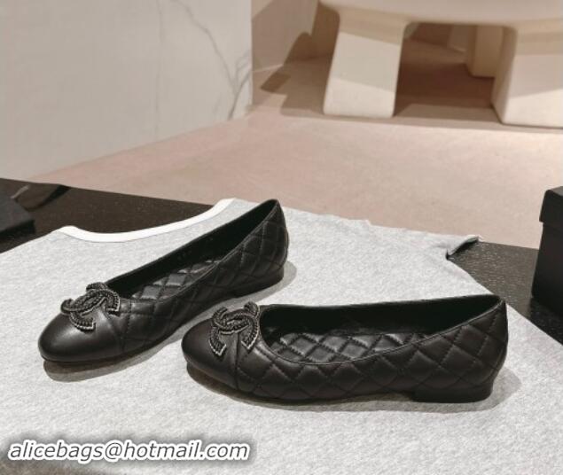 Charming Chanel Quilted Calfskin Ballet Flats with Wheat CC Black 910028