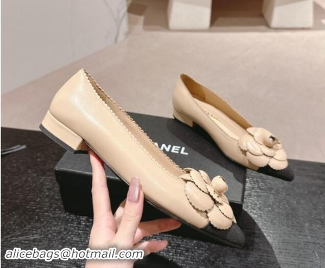 Hot Style Chanel Calfskin Ballet Flats with Camellia Bloom Beige 910030