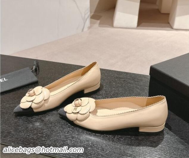 Hot Style Chanel Calfskin Ballet Flats with Camellia Bloom Beige 910030