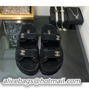 Durable Chanel Fur Flat Strap Slides Sandal with Chain CC Black 910032