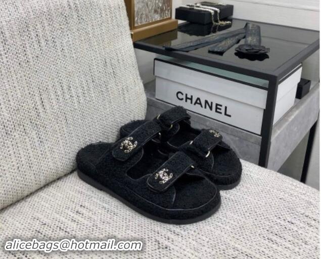 Durable Chanel Fur Flat Strap Slides Sandal with Chain CC Black 910032