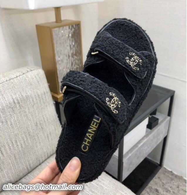 Durable Chanel Fur Flat Strap Slides Sandal with Chain CC Black 910032