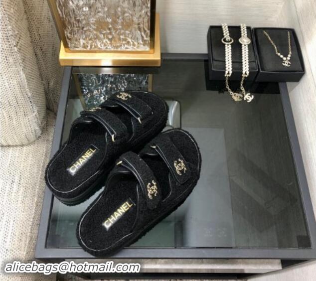 Durable Chanel Fur Flat Strap Slides Sandal with Chain CC Black 910032