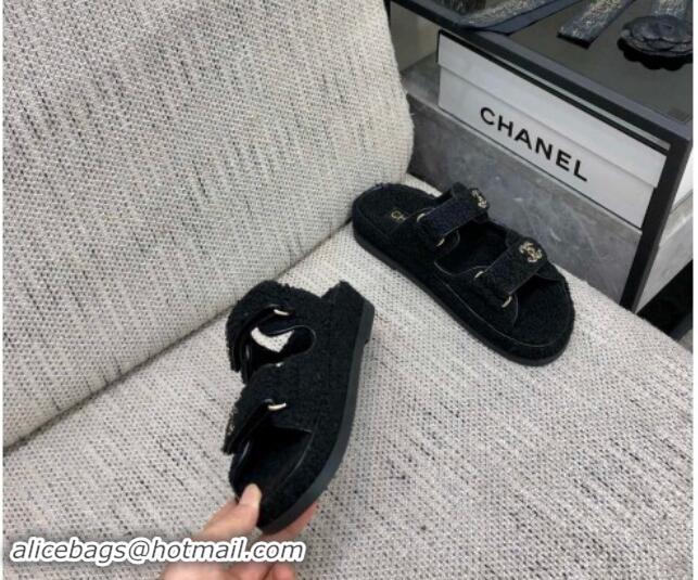 Durable Chanel Fur Flat Strap Slides Sandal with Chain CC Black 910032