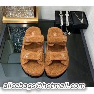 Luxury Discount Chanel Fur Flat Strap Slides Sandal with Chain CC Brown 910034