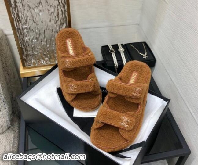 Luxury Discount Chanel Fur Flat Strap Slides Sandal with Chain CC Brown 910034