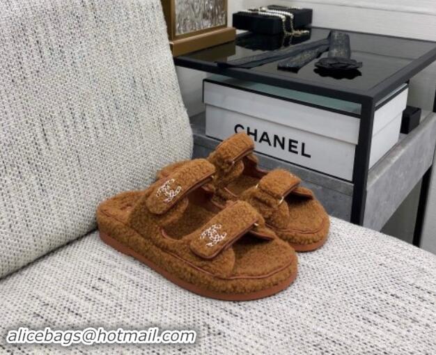 Luxury Discount Chanel Fur Flat Strap Slides Sandal with Chain CC Brown 910034