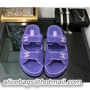 Luxury Chanel Fur Flat Strap Slides Sandal with Chain CC Purple 910036