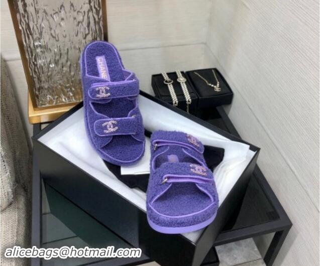 Luxury Chanel Fur Flat Strap Slides Sandal with Chain CC Purple 910036