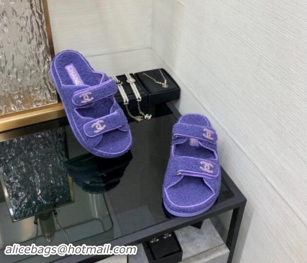 Luxury Chanel Fur Flat Strap Slides Sandal with Chain CC Purple 910036