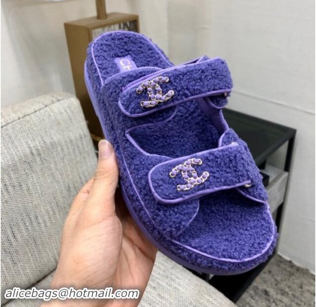 Luxury Chanel Fur Flat Strap Slides Sandal with Chain CC Purple 910036