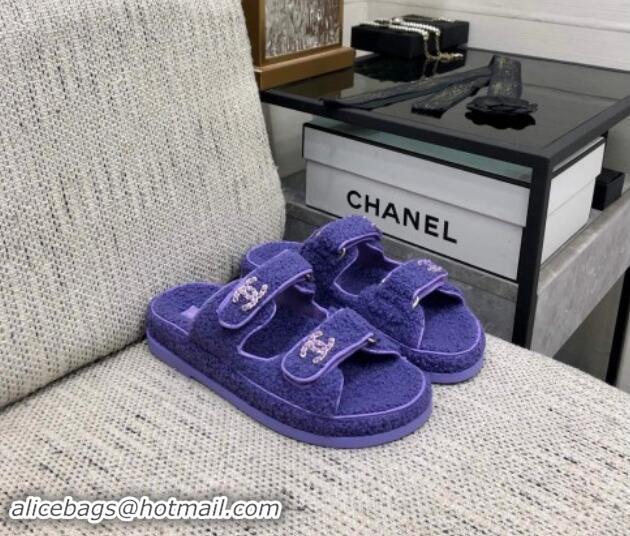 Luxury Chanel Fur Flat Strap Slides Sandal with Chain CC Purple 910036