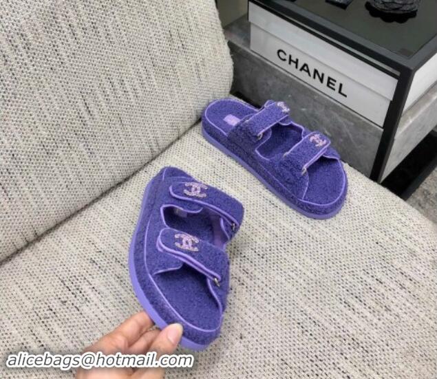 Luxury Chanel Fur Flat Strap Slides Sandal with Chain CC Purple 910036