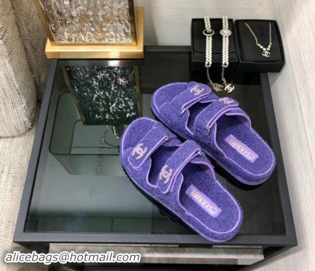 Luxury Chanel Fur Flat Strap Slides Sandal with Chain CC Purple 910036