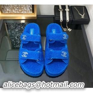 Trendy Design Chanel Fur Flat Strap Slides Sandal with Chain CC Sky Blue 910033