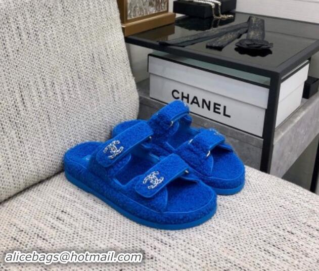 Trendy Design Chanel Fur Flat Strap Slides Sandal with Chain CC Sky Blue 910033