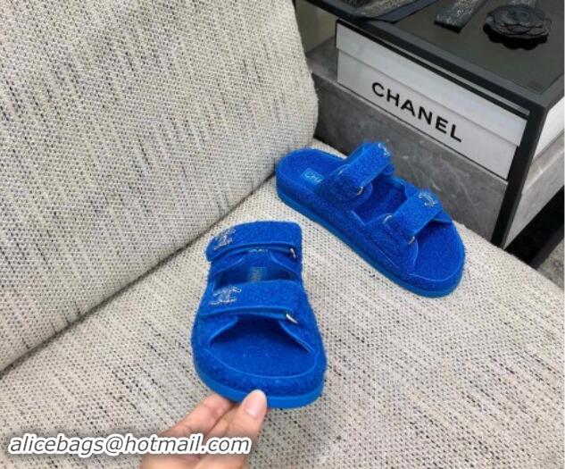 Trendy Design Chanel Fur Flat Strap Slides Sandal with Chain CC Sky Blue 910033