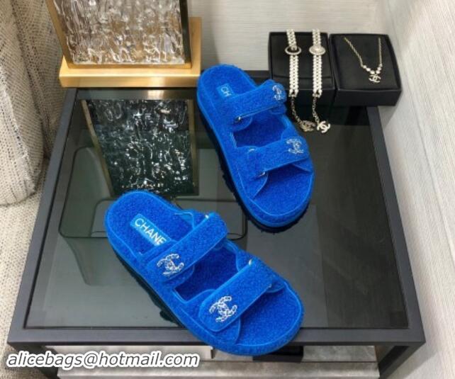 Trendy Design Chanel Fur Flat Strap Slides Sandal with Chain CC Sky Blue 910033