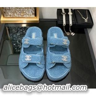 Sumptuous Chanel Fur Flat Strap Slides Sandal with Chain CC Light Blue 910035