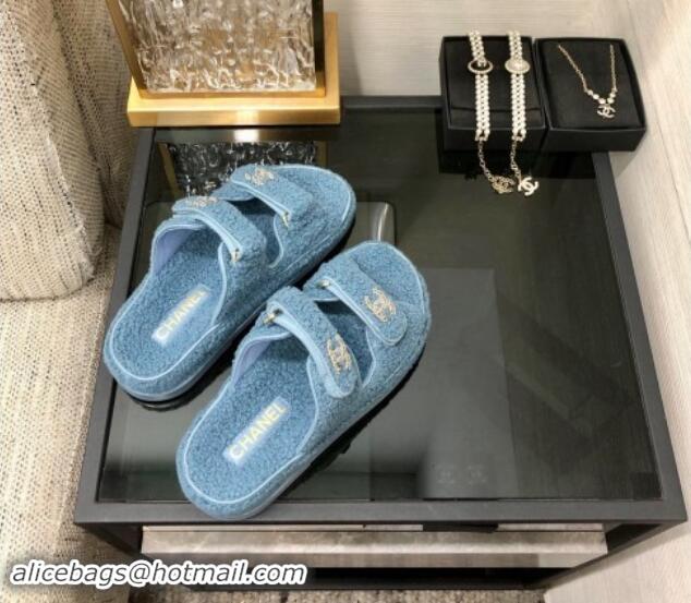 Sumptuous Chanel Fur Flat Strap Slides Sandal with Chain CC Light Blue 910035