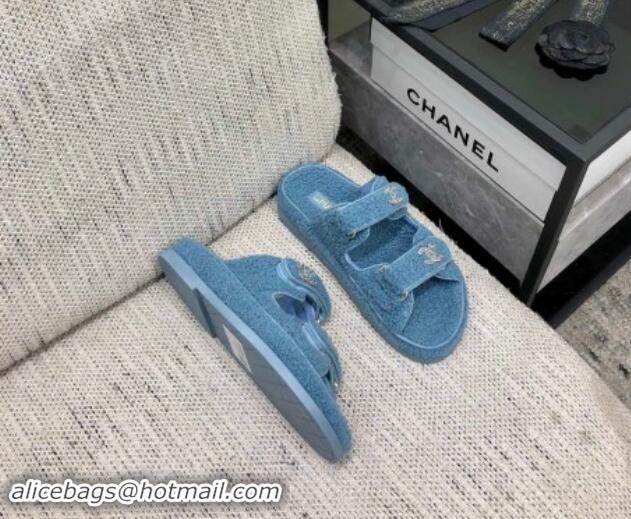 Sumptuous Chanel Fur Flat Strap Slides Sandal with Chain CC Light Blue 910035