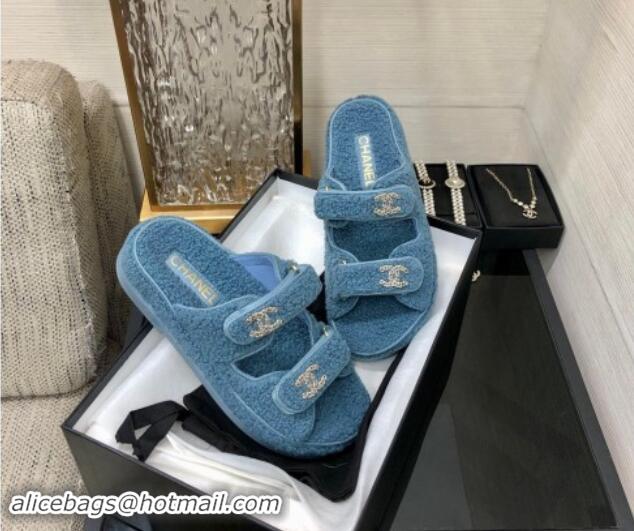 Sumptuous Chanel Fur Flat Strap Slides Sandal with Chain CC Light Blue 910035