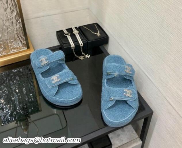 Sumptuous Chanel Fur Flat Strap Slides Sandal with Chain CC Light Blue 910035