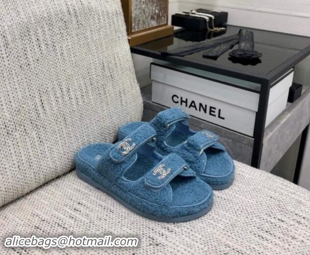 Sumptuous Chanel Fur Flat Strap Slides Sandal with Chain CC Light Blue 910035