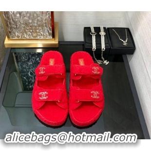 Stylish Chanel Fur Flat Strap Slides Sandal with Chain CC Red 910037