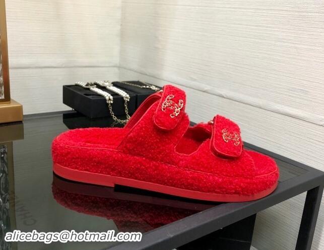 Stylish Chanel Fur Flat Strap Slides Sandal with Chain CC Red 910037