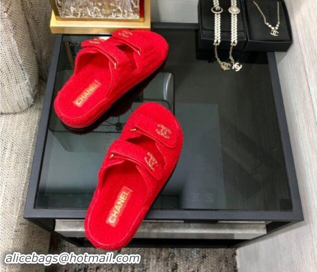 Stylish Chanel Fur Flat Strap Slides Sandal with Chain CC Red 910037