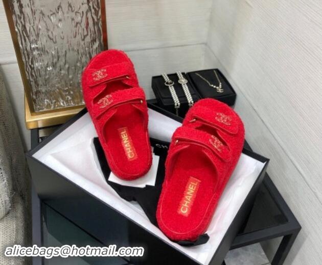 Stylish Chanel Fur Flat Strap Slides Sandal with Chain CC Red 910037