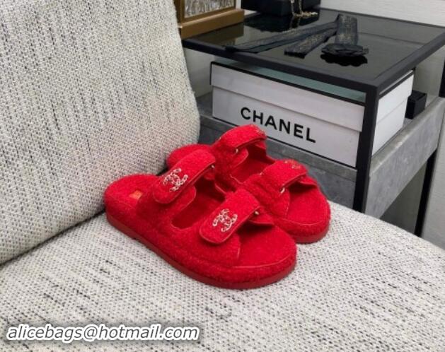 Stylish Chanel Fur Flat Strap Slides Sandal with Chain CC Red 910037