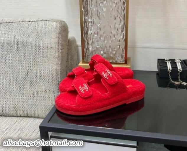 Stylish Chanel Fur Flat Strap Slides Sandal with Chain CC Red 910037