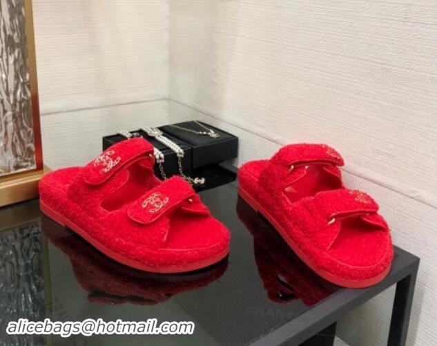 Stylish Chanel Fur Flat Strap Slides Sandal with Chain CC Red 910037