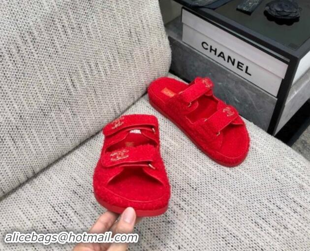 Stylish Chanel Fur Flat Strap Slides Sandal with Chain CC Red 910037