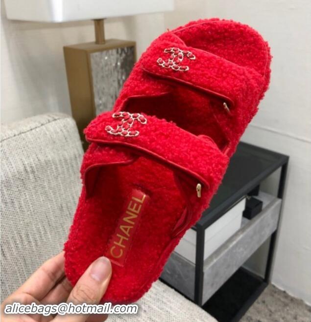 Stylish Chanel Fur Flat Strap Slides Sandal with Chain CC Red 910037