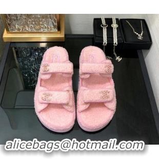 Lower Price Chanel Fur Flat Strap Slides Sandal with Chain CC Light Pink 910038