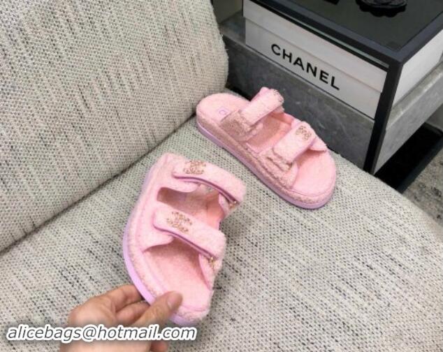 Lower Price Chanel Fur Flat Strap Slides Sandal with Chain CC Light Pink 910038