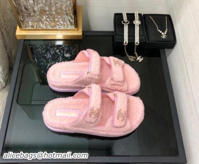 Lower Price Chanel Fur Flat Strap Slides Sandal with Chain CC Light Pink 910038