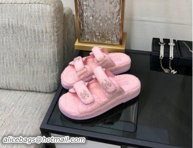 Lower Price Chanel Fur Flat Strap Slides Sandal with Chain CC Light Pink 910038